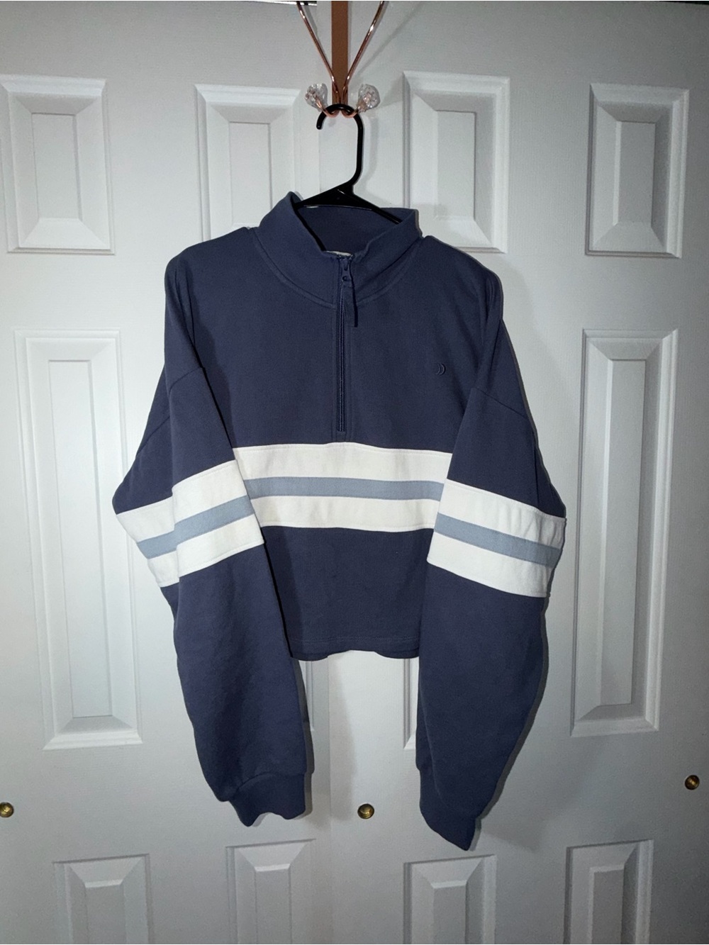 Z Supply Navy Half-Zip Pullover with White and Light Gray Stripes